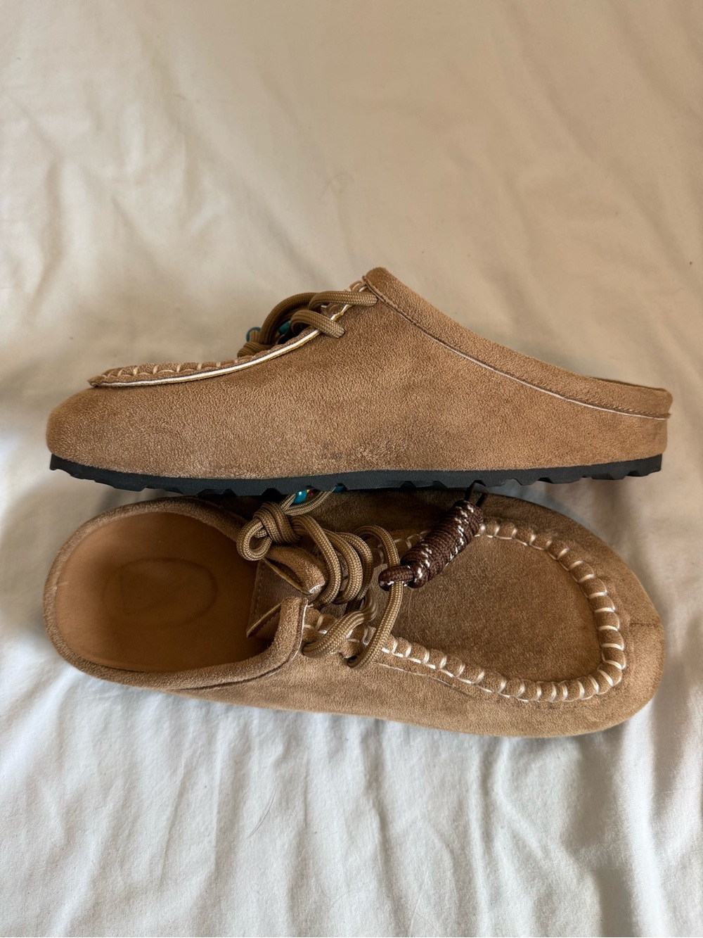 Tan Suede Women's Moccasin Slip-Ons with Colorful Bead Accents - Picture 2 of 8